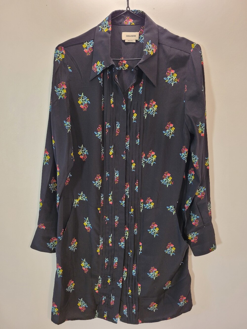 Zadig & Voltaire Rougi Cdc Polka Flowers Black Long-Sleeve 100% Silk Dress - M